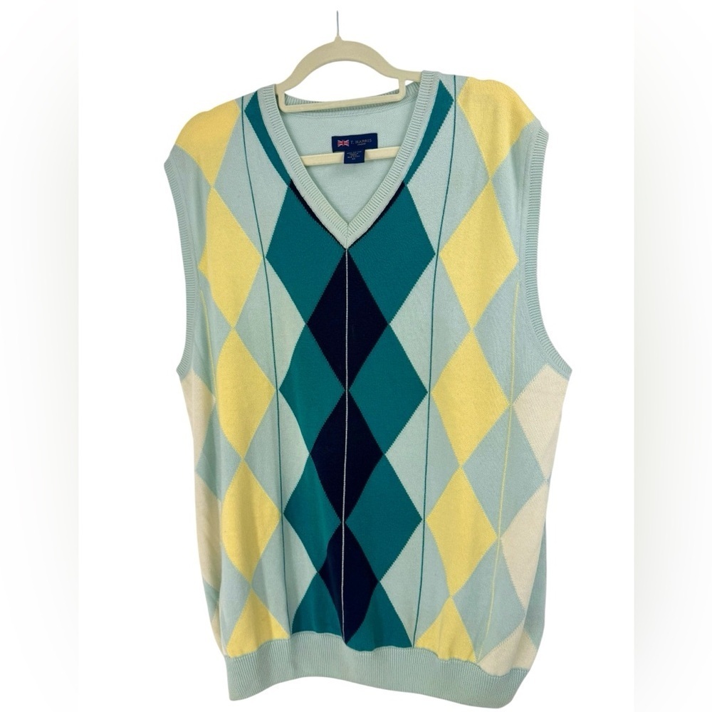 T. Harris London 90s Argyle Sweater Vest XL Blue Yellow Diamond Knit Preppy